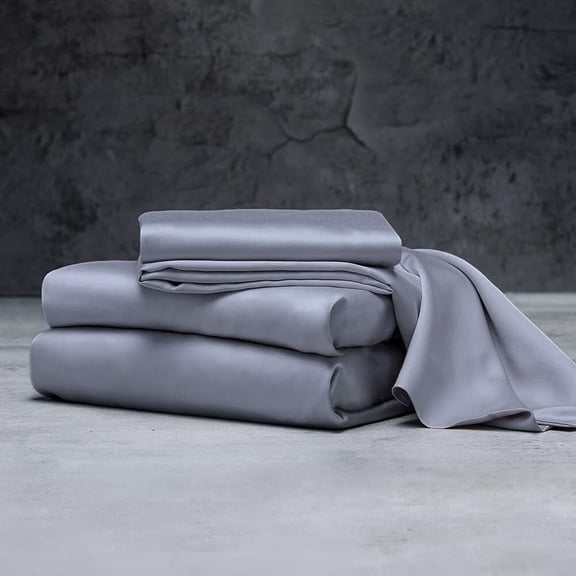 Mulberry Silk Satin Sheet Set - 4 Pc (1 Flat Sheet, 1 Fitted Sheet, 2 Pillowcases) - Smooth Bedding for Queen/King Bed - Wrinkle-Resistant, 15" Deep Pockets, Breathable & Cooling.(Silver Grey,TWIN)