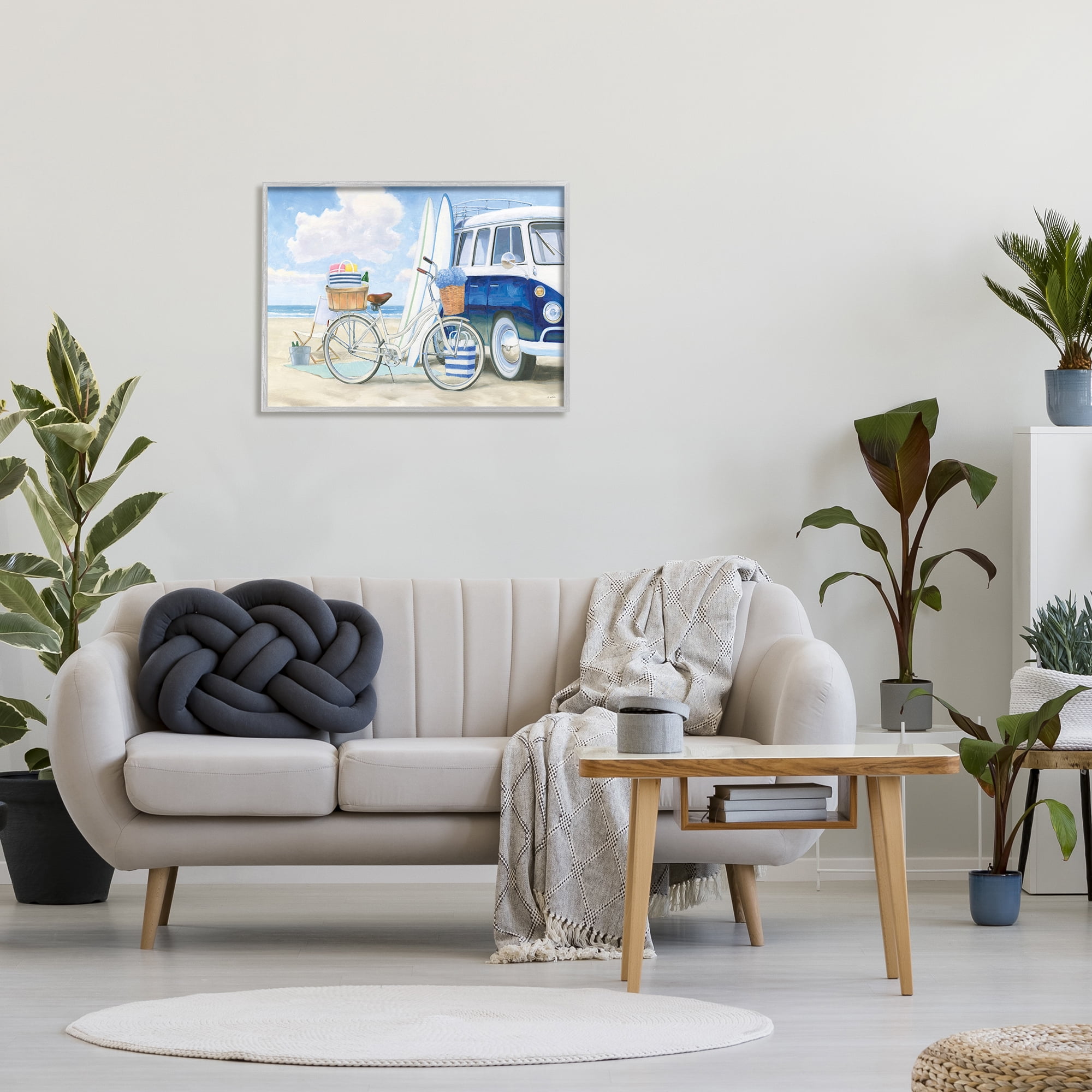 Stupell Industries Bike and Van Beach Nautical Blue White Painting Gray Framed Art Print Wall Art, 24x30, by James Wiens