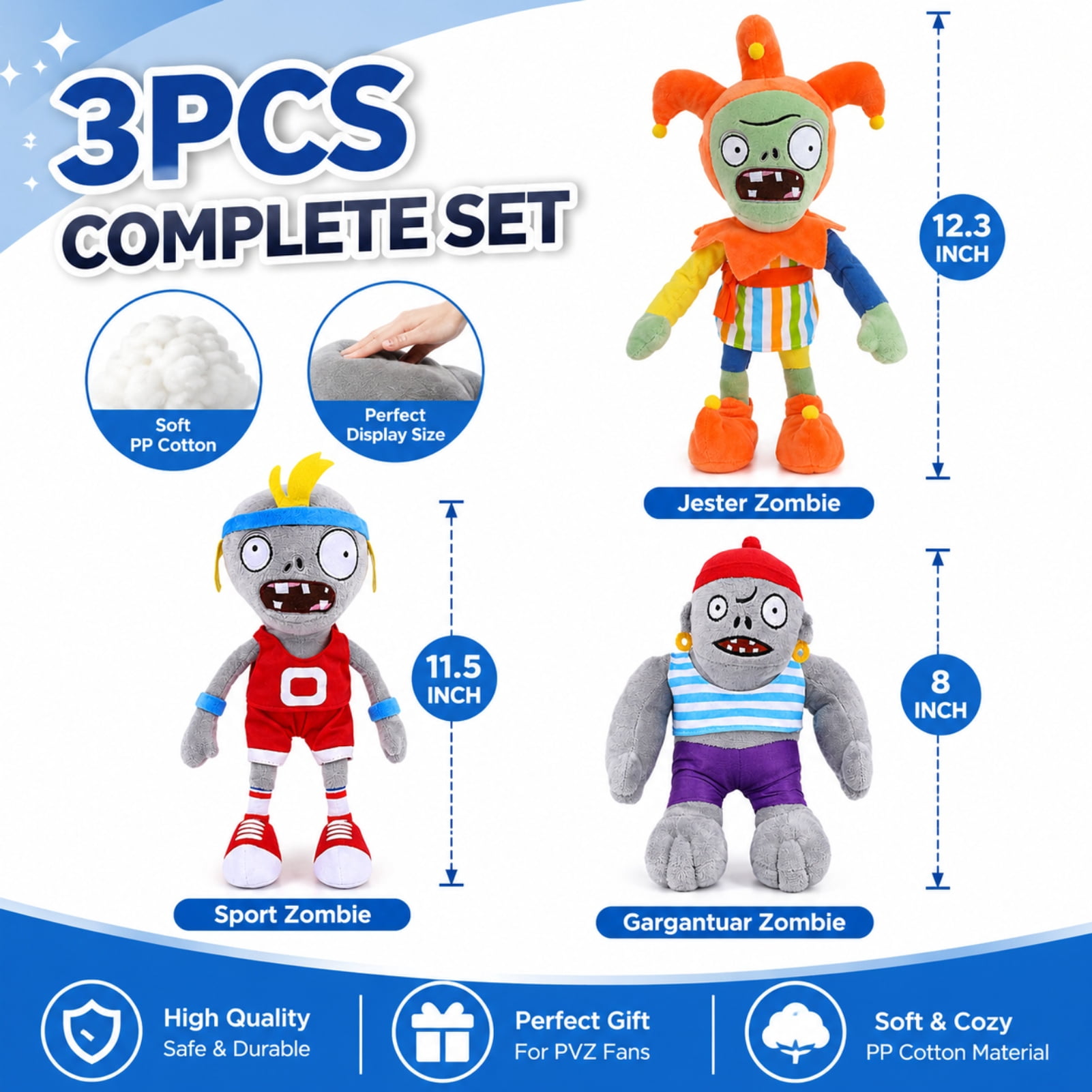 3Pcs Plants vs Zombies Plush Toys Zombie Sport Jester Gargantuar Zombie,Soft Figure Doll Plants vs Zombies Toys PVZ Plush 1 2 Set