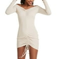 thumbnail image 5 of Women off Shoulder Mini Dress - Long Sleeve Ruched Front Drawstring Bodycon Dress Dresses for Women Plus Size Beige 3XL, 5 of 8