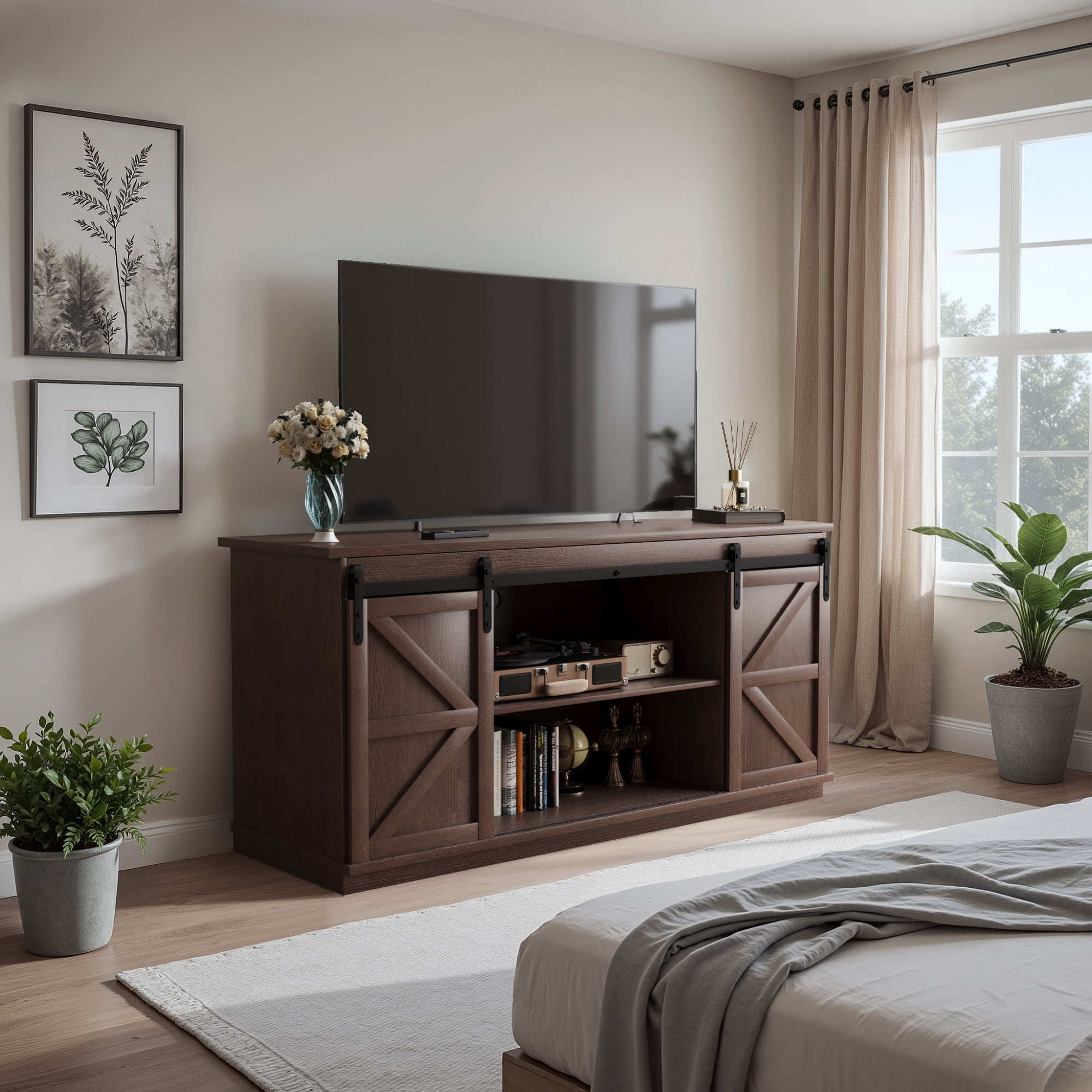 Vineego 58 inch Farmhouse TV Stand and Entertainment Center for Televisions,with Sliding Barn Doors and Storage Cabinets,Chocolate