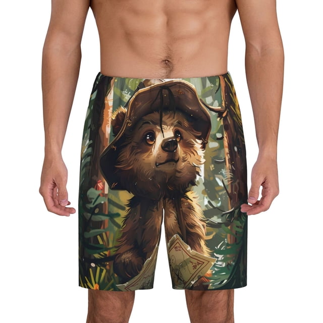 Fotbe Jungle Hat Bear Pantalones Cortos de Pijama para Hombre, Ropa de Dormir, Pantalones de Pijama Cortos para Hombre-Small