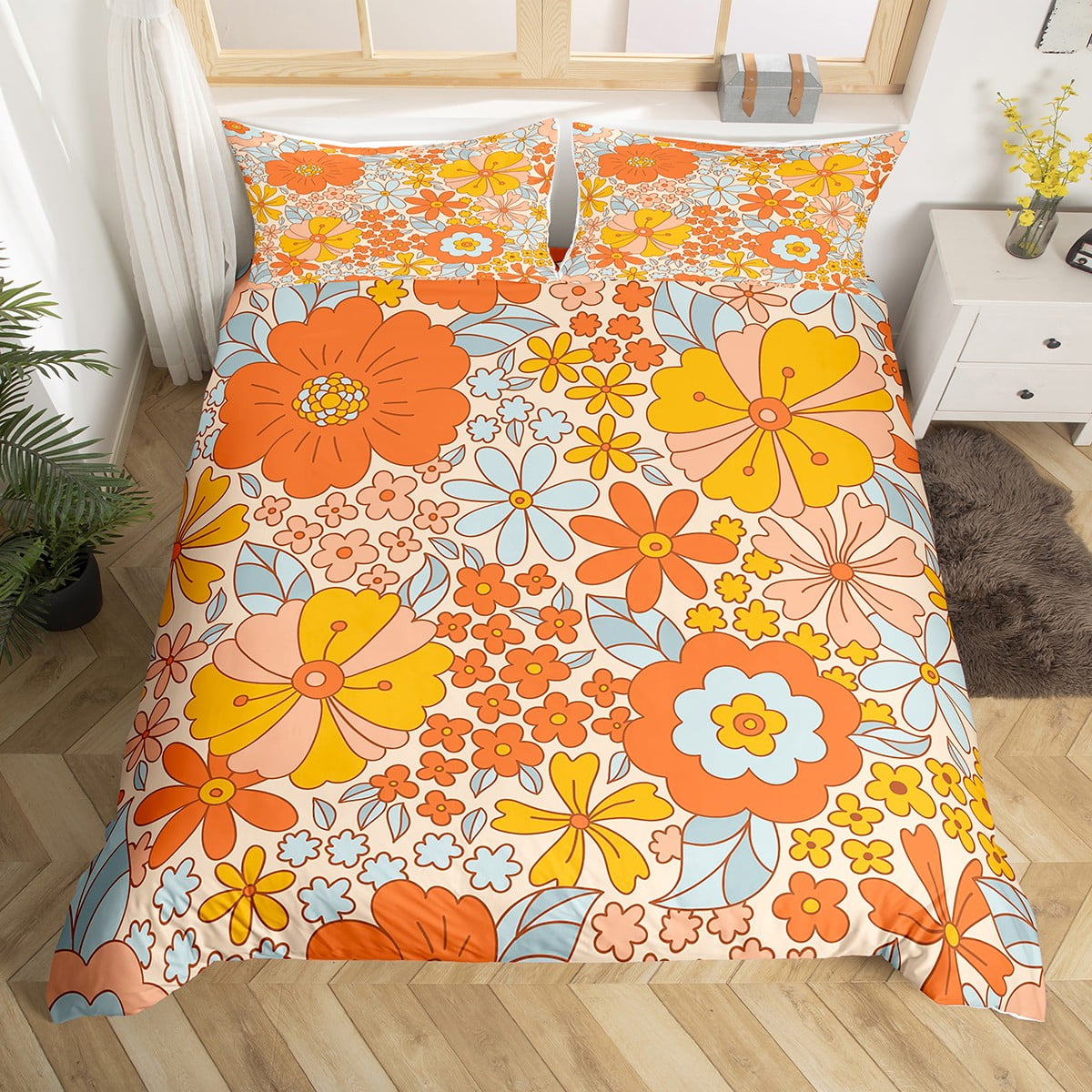 YST Hippie Flower Bedding Sets Queen Groovy Birthday Decorations Comforter Cover Cute Rainbow