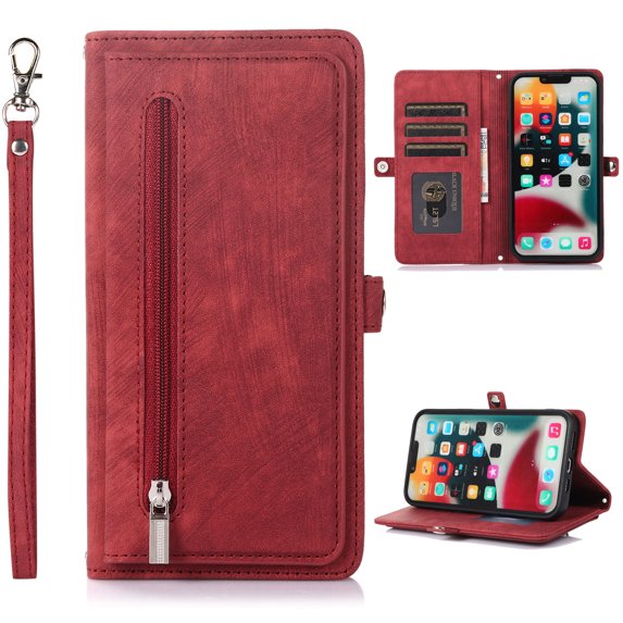 for Samsung Galaxy S20 FE Wallet Case for Women Men, Flip Leather Shockproof Magnetic Zipper Pocket Wallet Purse Case w/Stand Card Slot Holder Wrist Strap for Samsung Galaxy S20 FE,Red