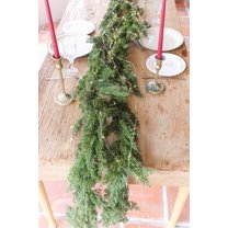 Guvpev 9FT Christmas Cedar Garland with String Lights, Real Touch Winter Norfolk Pine Garland, Green Artificial Greenery Garland for Holiday, Mantel, Table, Wall, Indoor Outdoor Christmas Decorations