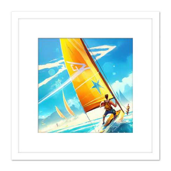 Windsurfers By Coast Yellow Sails Bright Abstract Painting Square Wooden Framed Wall Art Print Picture 8X8 Inch