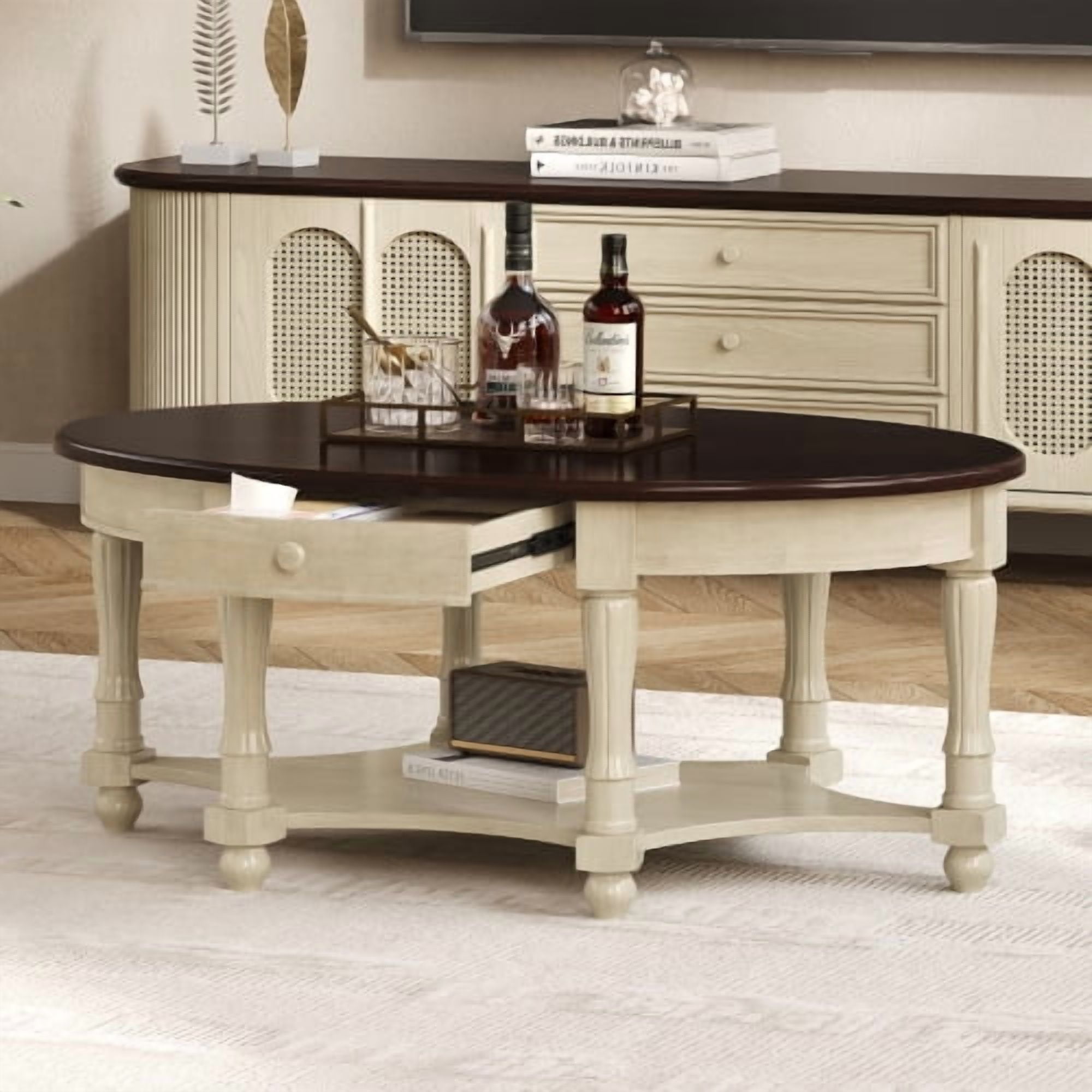 Vintage Oval Coffee Table with Drawer and Storage Shelf, Antique Cocktail Table in 45", French Country Accent Table for Living Room,Beige and Cherry
