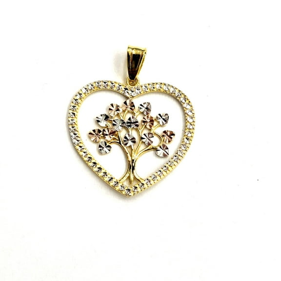 14k Tri Color gold Heart tree of life lucky pendant charm fine gift for her 2.2g