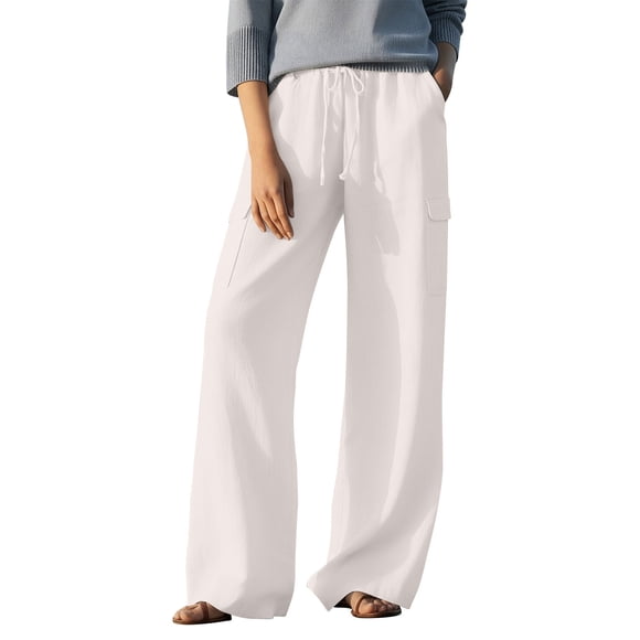 Ltctricy Women's Cotton Linen Palazzo Pants Elastic Waist Drawstring Wide Leg Cargo Pants Baggy Casual Trousers with Pockets