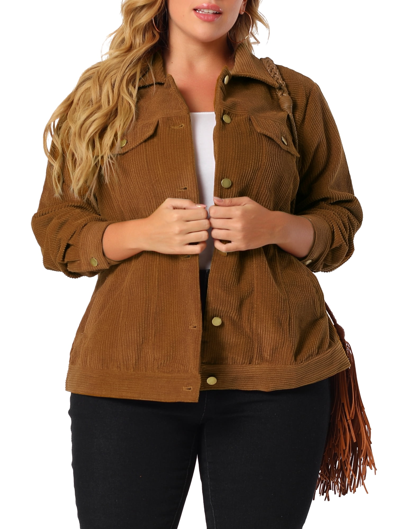Unique Bargains Women's Plus Size Winter Boyfriend Corduroy Jackets 3X Brown