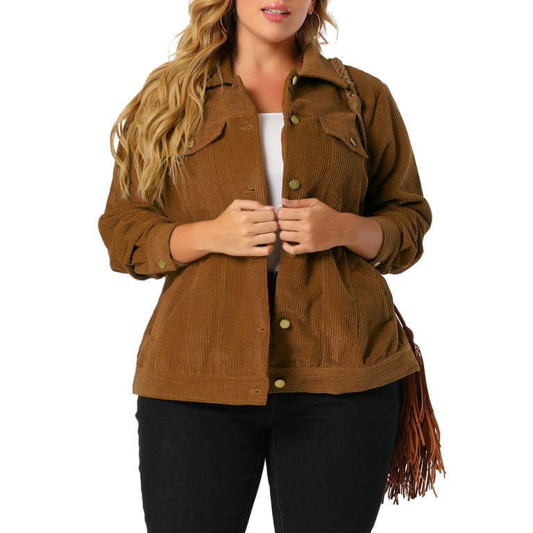 Unique Bargains Women s Plus Size Winter Boyfriend Corduroy Jackets 4X Brown Size 4XL