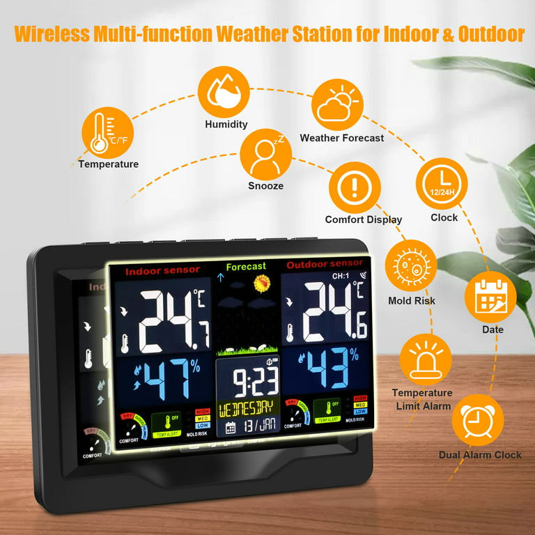 TSV Wireless Weather Station Indoor Outdoor Thermometer, Digital Color HD  Display Weather Station with Temperature, Humidity, Barometer, Alarm Clock