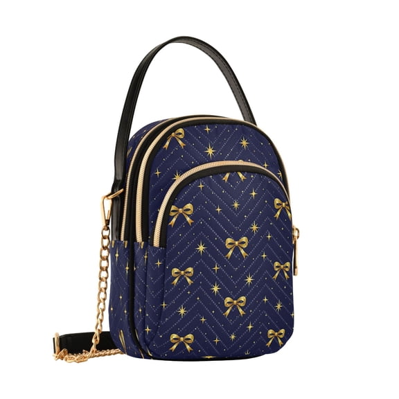 Women's Quilted Crossbody Bag Small Shoulder Tote Purse with 3 Zipper Pockets Golden Bowknots Pattern