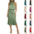 thumbnail image 1 of Daiosportswear Robes de Cocktail pour Femmes Satin Soie Sans Manches Col Montant Taille Haute Maxi Robe d'Invitée de Mariage Vêtements de Printemps, Robe Sans Manches pour Femme Rouge Melon D\'eau TG(TG), 1 of 9
