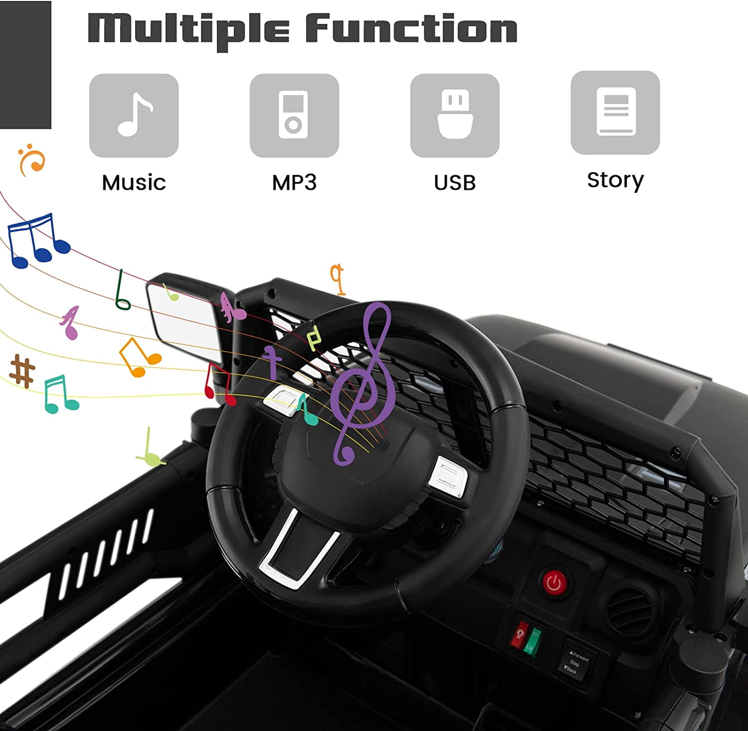 OLAKIDS Kids Ride On Truck, 12V Electric Vehicle Jeep Car with Remote Control, Toddlers Battery Powered Toy with 2 Speeds, Spring Suspension, Double Open Doors, LED Lights, Music, USB, Mp3 (Black)