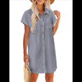 thumbnail image 2 of Vestido Camisero Informal de Verano para Mujer, de Algodón y , con Cuello en V, Botones, Corta y Cintura Holgada, Azul Marino A Rayas, Talla M, 2 of 8