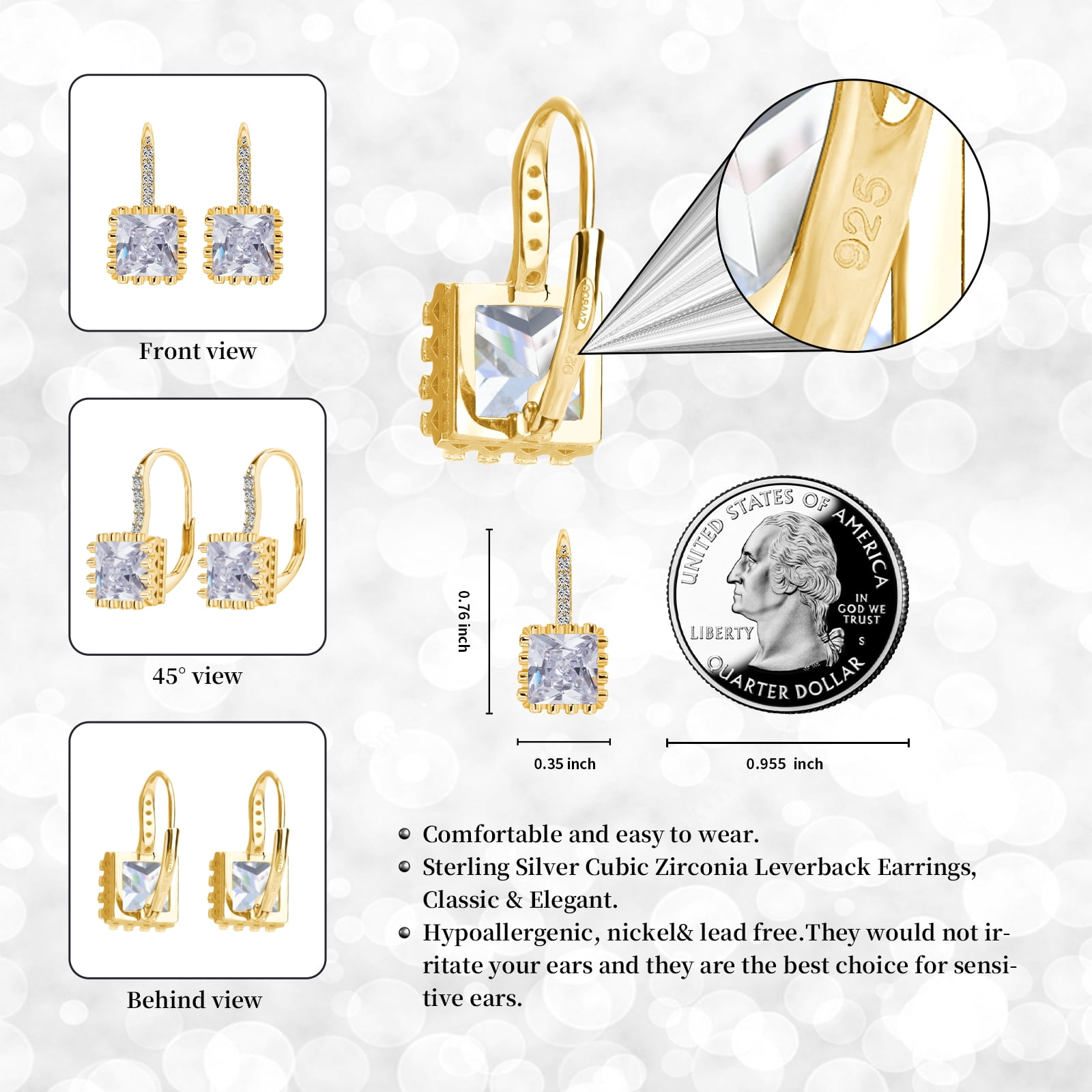 925 Sterling Silver Lever Back Earrings with Princess Cut Cubic Zirconia for Women