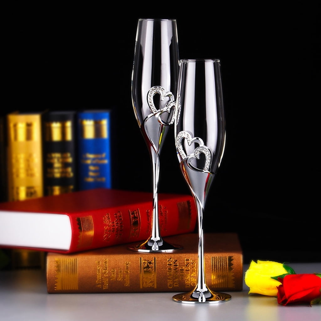 ZUARFY Wedding Wine Glasses Handmade Bride And Groom Toasting Flutes Wedding Accessories Valentine's Day Gift,Gold Hearts