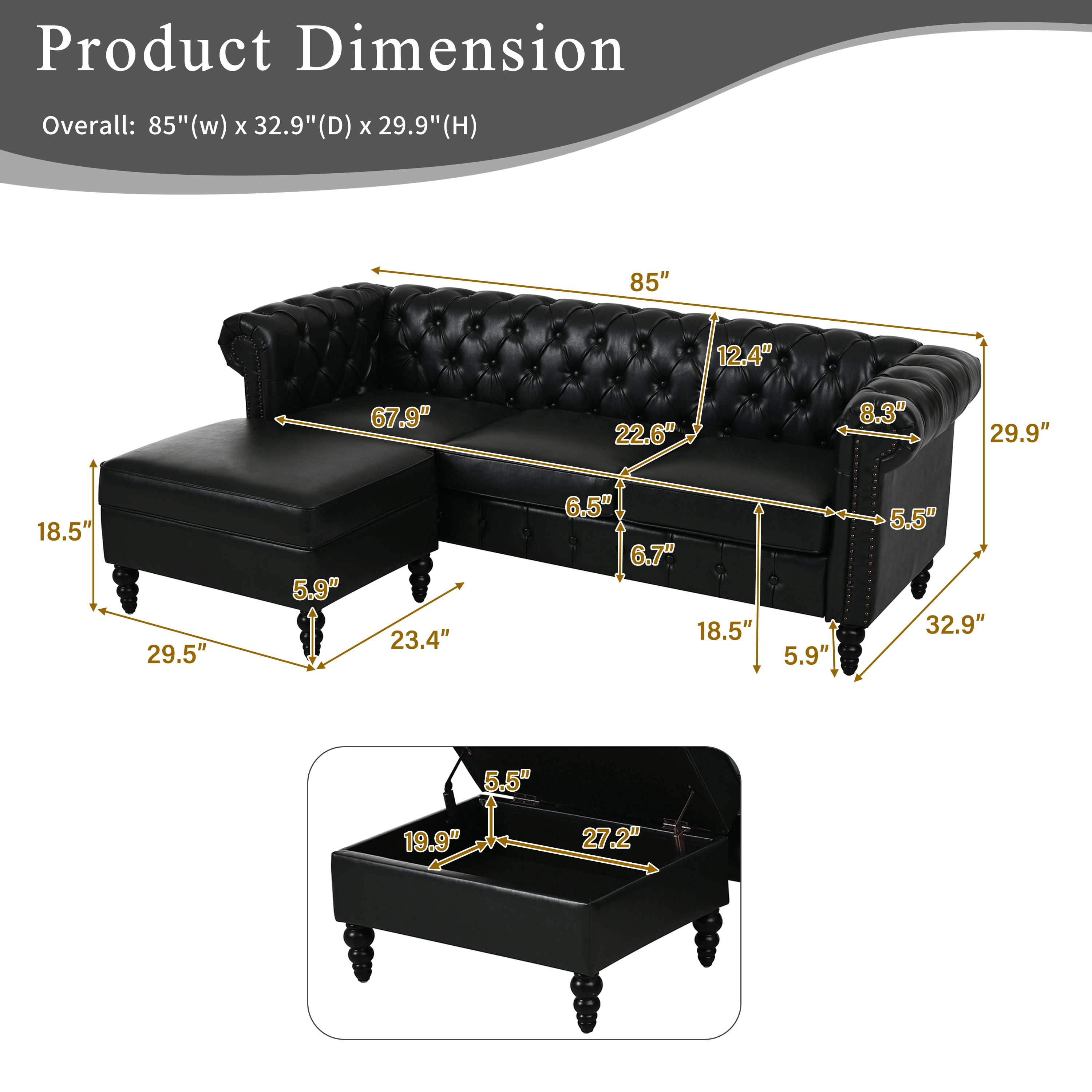 Howcool 85"W Chesterfield Sectional Sofa with Storage Ottoman,L-Shaped Faux Leather Sofa Couch,4-Seater Modular Sofa with Tufted Back & Nailhead Trim for Living Room,Black