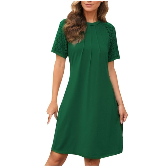 Casual Short Sleeve Round Neck Dress for Women with Lace Trim and Pleated Detail, Solid Black Color, Lightweight Polyester-Elastane Blend, Summer Wear