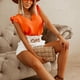 thumbnail image 5 of Mujer Volantes Manga Casquillo Top Casual Elegante Color Liso Camisa Con Cuello En V Blusa Para Oficina Trabajo Citas Naranja L, 5 of 7