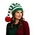 thumbnail image 2 of Christmas Elf Knit Costume Hat, Striped Beanie Cap with Elf Ears and Pom‑Pom, Stretchy One Size Winter Holiday Dress‑Up Accessory for Men Women Adults, 2 of 6