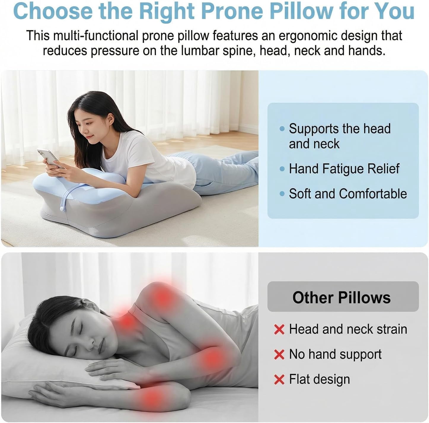 Ergonomic Memory Foam Wedge Pillow for Back Pain Relief, Acid Reflux, Sitting Up in Bed, Reading and Massage, with Removable Blue & Gray Cover