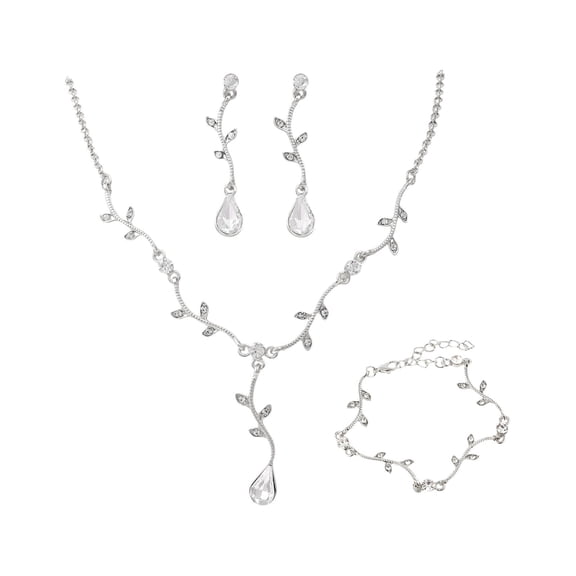 Silver Jewelry Set Alloy Necklace Earrings Bracelet Leaf Vine Design With Crystal For Women Fashion Accessories