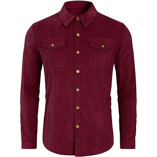 Camisa de pana para hombre, camisa informal de manga larga, chaqueta de hombre, camisa de corte regular con botones y bolsillo con solapa