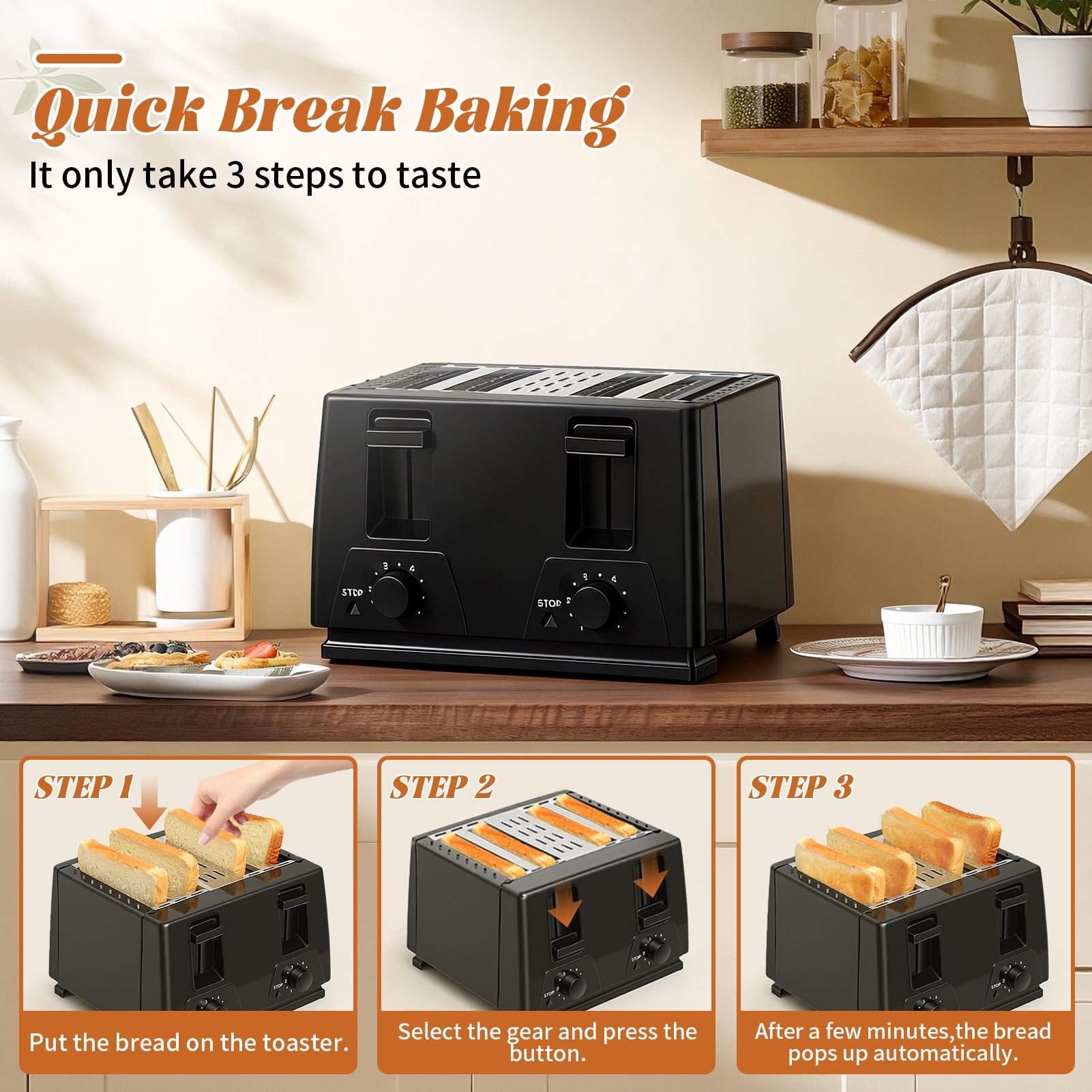 4 Slice Toaster - Stainless Steel Bagel Toaster with Dual Control Panels, 6 Shade Settings,Black