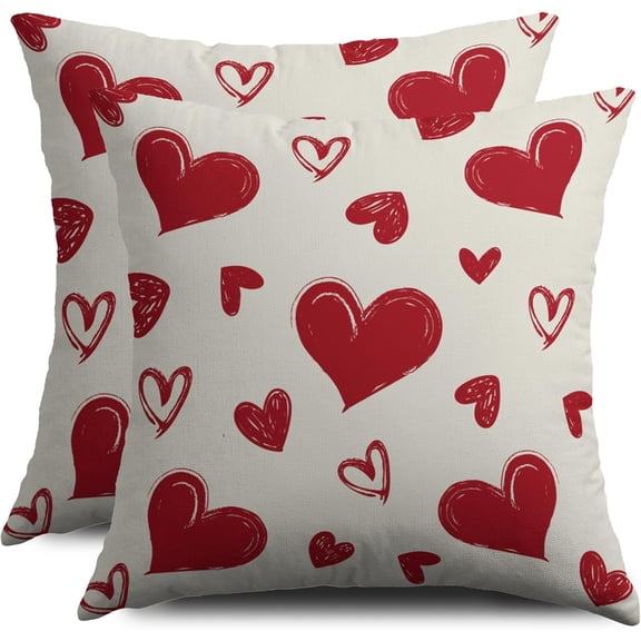 Valentine''s Day Pillow Covers 18X18 Set of 2, Red Love Heart Valentines Pattern Print Decorative Throw Pillow Covers Outdoor Farmhouse Holiday Decorations Cushion Case Couch Sofa Bed Decor