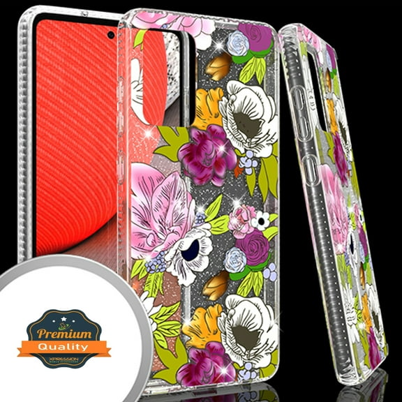 Xpression Case for Samsung Galaxy A52 5G Clear Fashion IMD Pattern Design Hard Back PC Hybrid Bumper Armor TPU Soft Rubber Ultra Slim Phone Cover [Flowers]