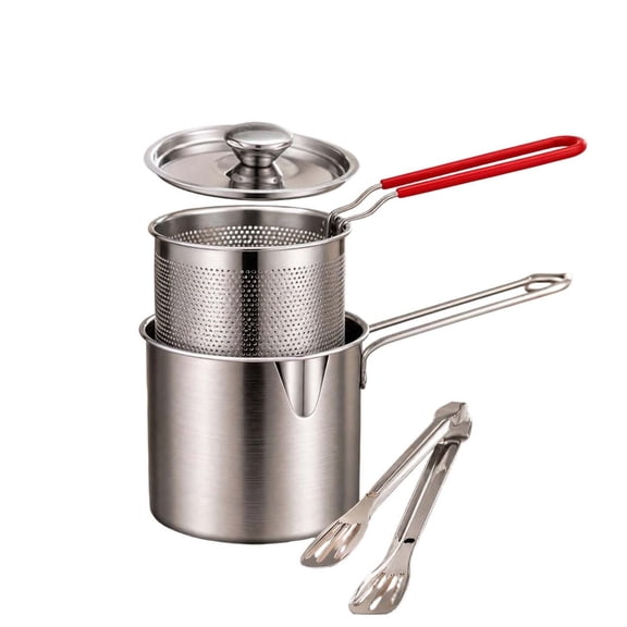 3Pcs Stainless Steel Deep Fryer Pot Set, 5.12×4.72in Mini Deep Fryer Pot with Filter Basket, Lid & Food Clip, Rust-Resistant Portable Cookware for 1-Person Kitchen Cooking