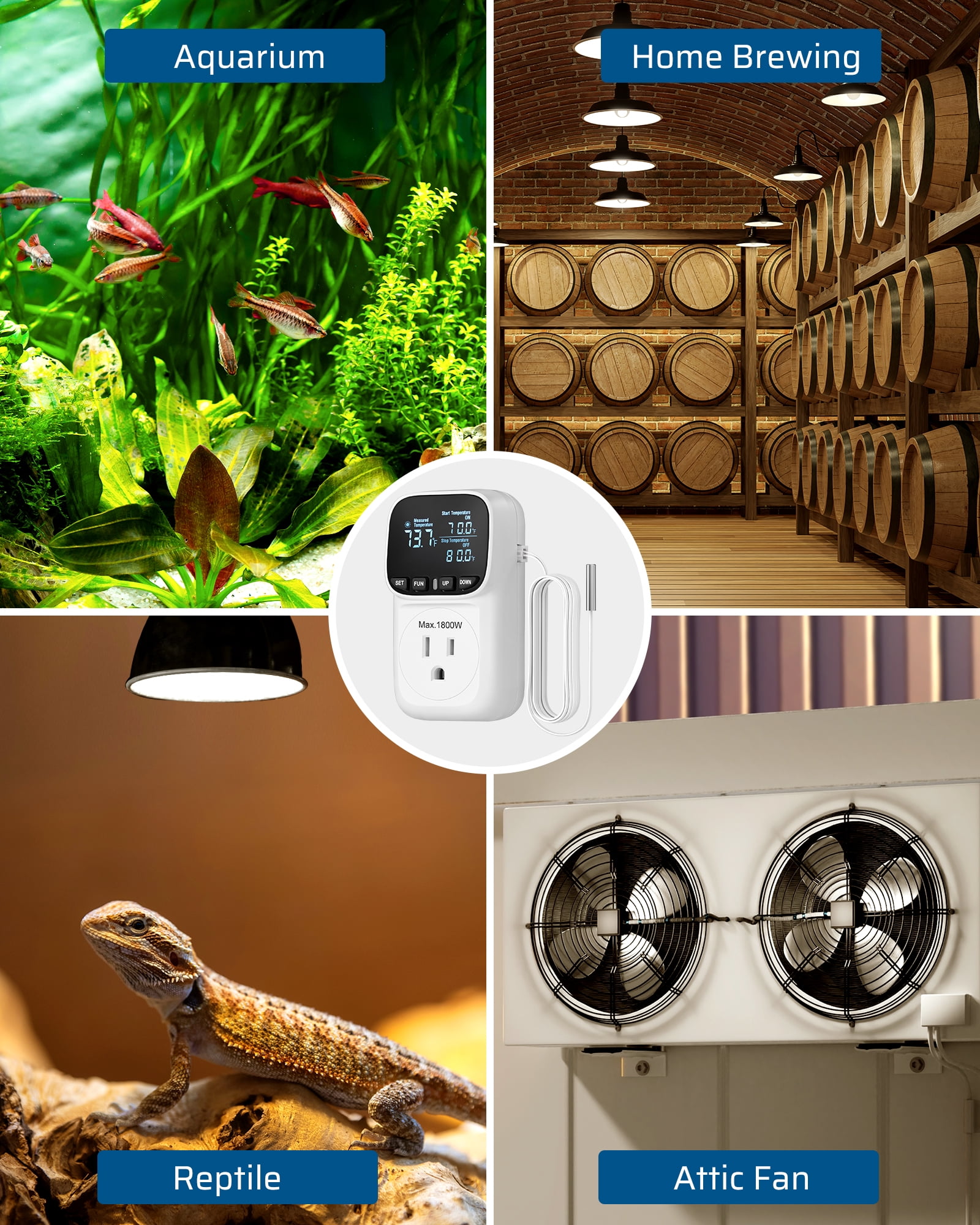 DEWENWILS Digital Temperature Controller, Heavy Duty 15A/1800W Thermostat Outlet Plug, VA Display Heating Cooling Control Timer, -40℉~210℉