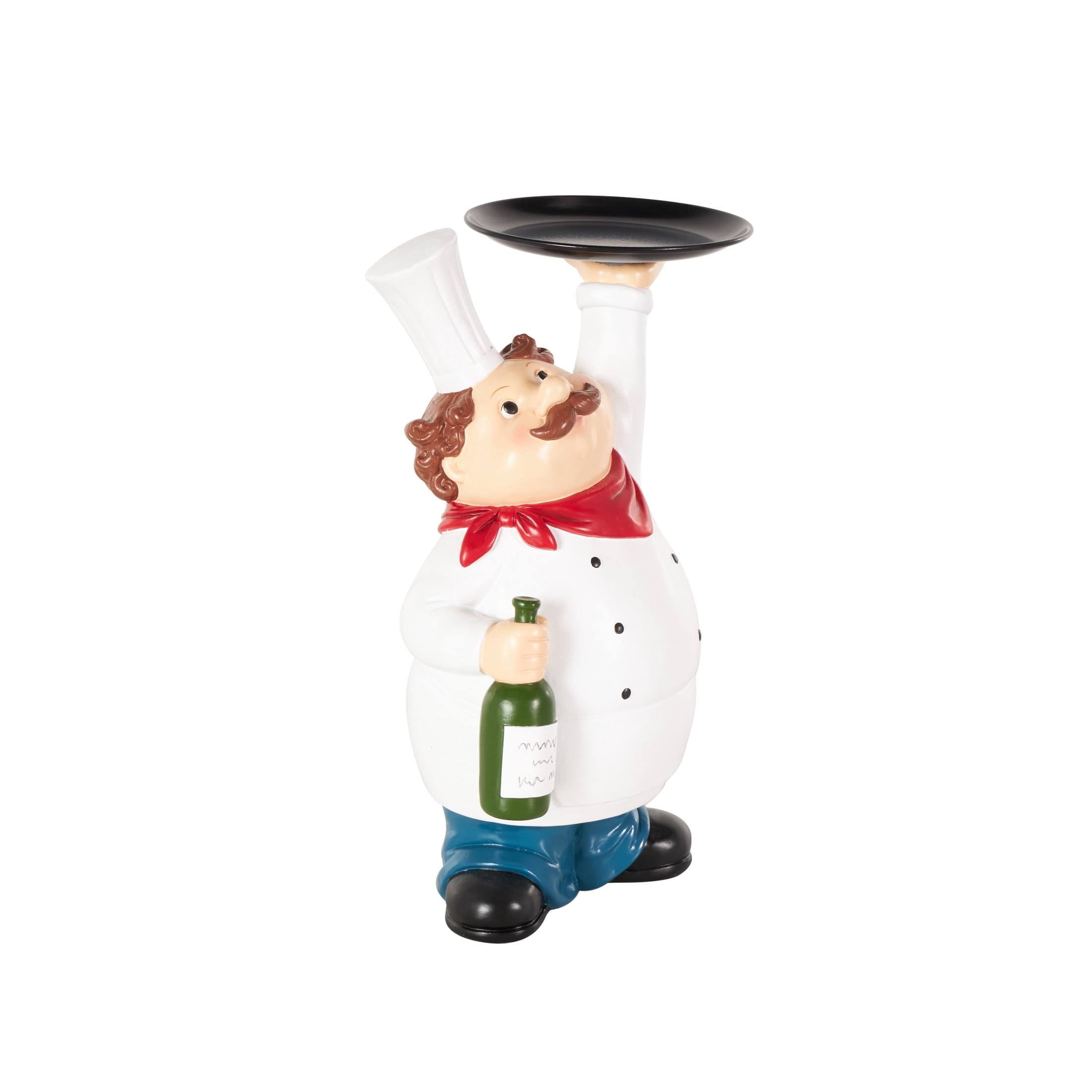9" x 13" White Polystone Kitchen Decorative Figurine Chef Sculpture with Black Tray and Green Bottle, by DecMode