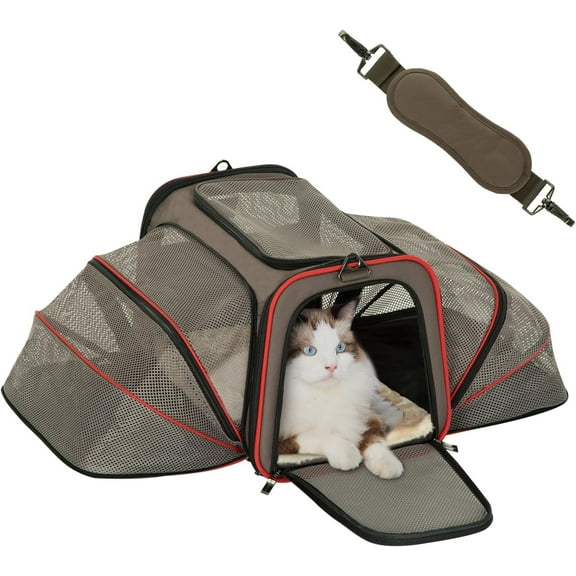 TJOUL Expandable Large Cat Carrier Small Dog Carriers Airline Approved, 17" Lx 11" Wx 11" H Soft-Sided Portable Washable Pet Travel Carrier with 2 Extension for Kittens, Puppies, Rabbits