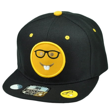Emoji Nerdy Glasses Face Emoticons Text Symbol Snapback Hat Cap Flat Bill Black