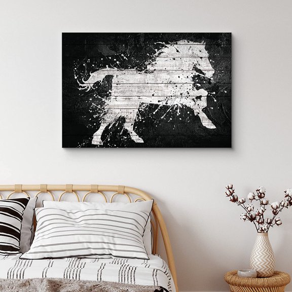 PixonSign Canvas Print Wall Art Wood Panel Style White Horse Silhouette Animals Wildlife Illustrations Modern Art Contemporary Portrait Relax/Calm Multicolor Warm for Living Room, Bedroom - 12"x18"