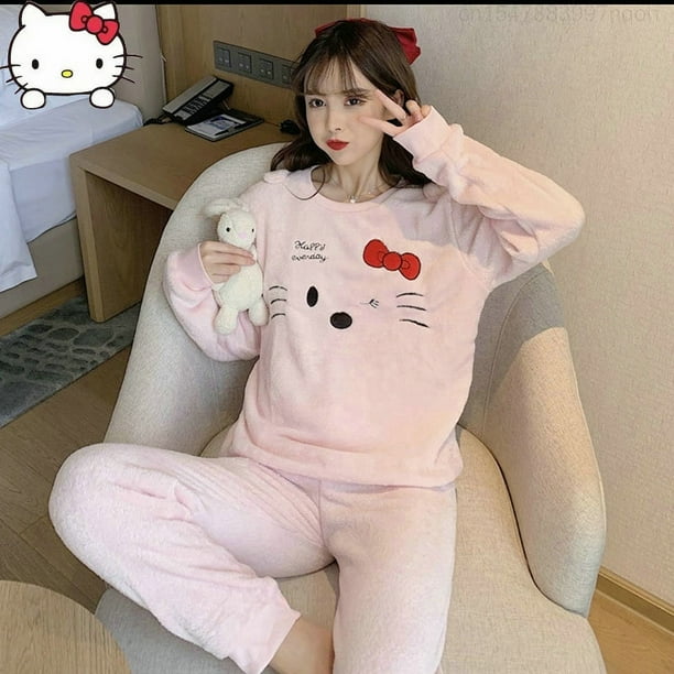 Hello Kitty Cartoon Cute Flannel Women Pyjamas Sets Thick Coral Pijamas Women Fleece Pajama Thick Flannel Long Pajamas Sets Girl Walmart
