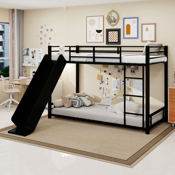 Leumius Twin Bunk Bed with Slide,Heavy Duty Metal Bed Frame with Ladder and Durable Guardrail,Space Saving,Easy Assembly,Black