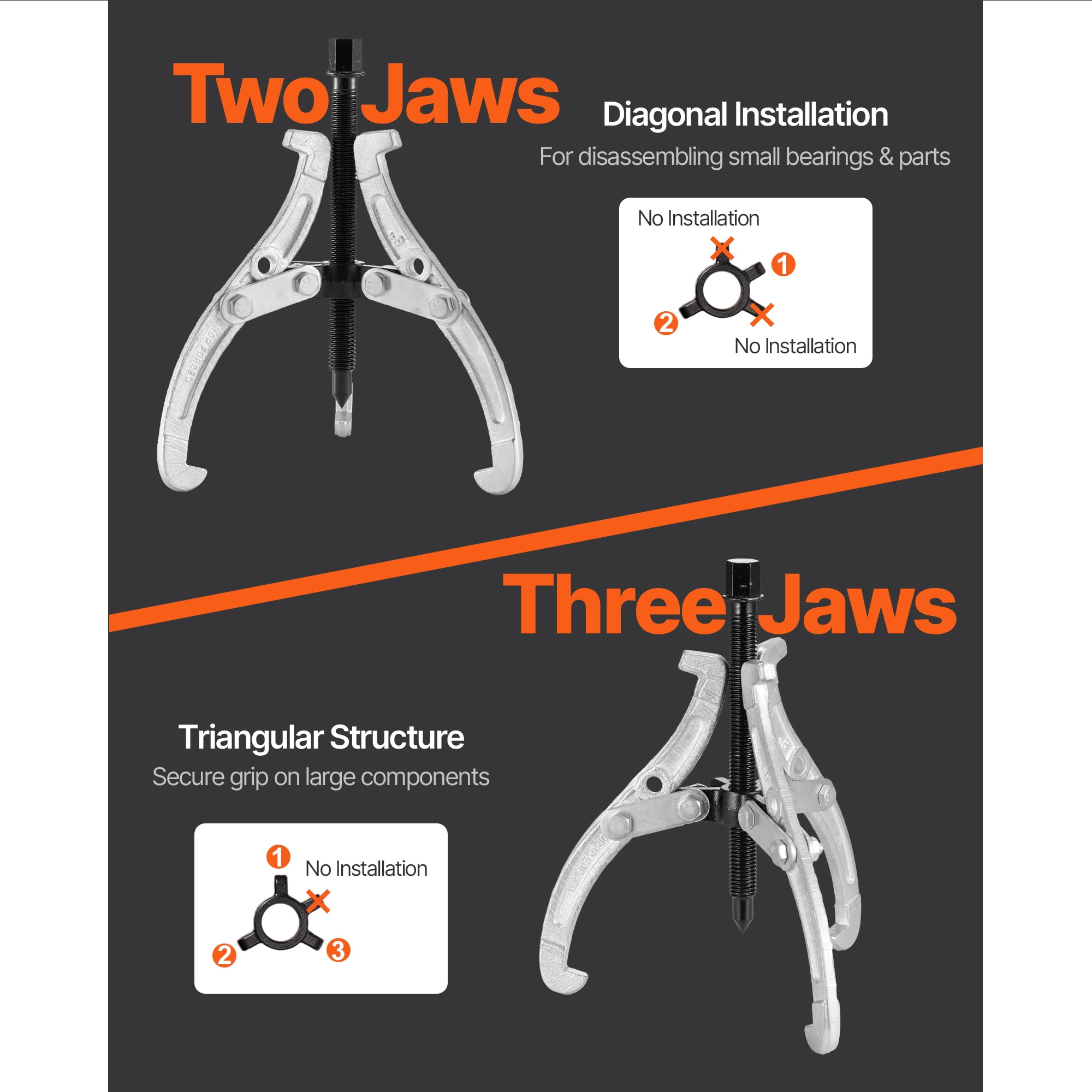 KFFKFF Gear Puller Set, 3 in/4 in/6 in/8 in with Reversible Jaws, 2 Jaw/3 Jaw Pulley Puller Tool, 4-Piece Heavy-Duty Kit