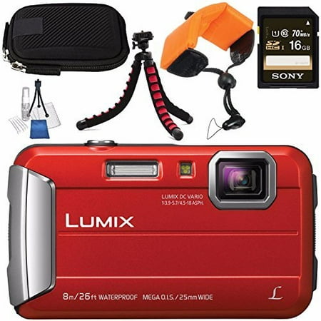 Panasonic Lumix DMC-TS30 Digital Camera (Red) DMCTS30R + Sony 16GB SDHC Card + Small Carrying Case + Waterproof Floating Strap + Flexible Tripod + Deluxe Cleaning Kit