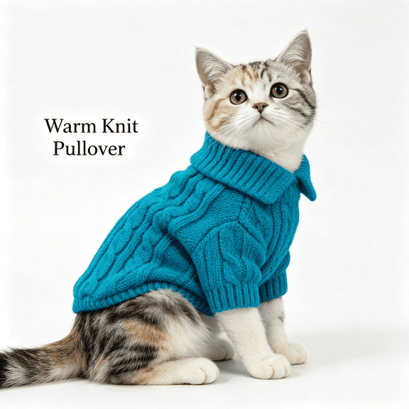 Turtleneck Cable Knit Pet Sweater Warm Winter Pullover Clothes for Small Dogs Cats Cold‑Weather Outfit for Chihuahua Yorkie Puppy Kitten(Blue‑L)