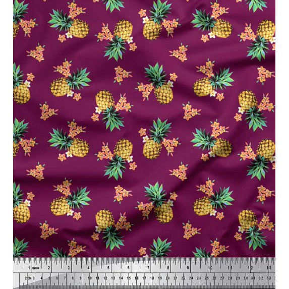 Soimoi Pink Moss Georgette Fabric Peach Floral & Pineapple Fruits Print Fabric by The Yard 42 Inch Wide