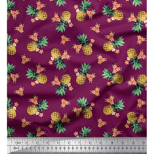 Soimoi Pink Poly Georgette Fabric Peach Floral & Pineapple Fruits Printed Fabric 1 Yard 52 Inch Wide