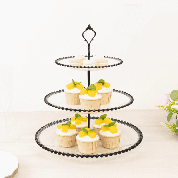 Balsa Circle 3-Tier Clear 14" Round Plastic Cupcake Tower Stand Black Beaded Rim Party Events Decorations