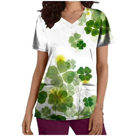 

Olyvenn Sales Fashion Ladies Working Uniform St. Patrick s Day Graphic Lucky Clover Print Tunic Scrub Tops for Women Short Sleeve Pocket Sexy V Neck Slim Fit Casual Female Leisure White 10
