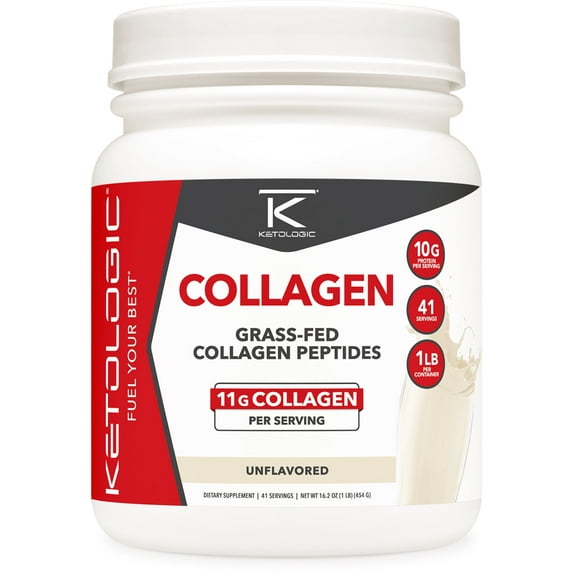 Ketologic Grass-Fed Collagen Hydrolysate Powder (Unflavored) 1 lb - Bovine Sourced Peptides Supplement for Women and Men
