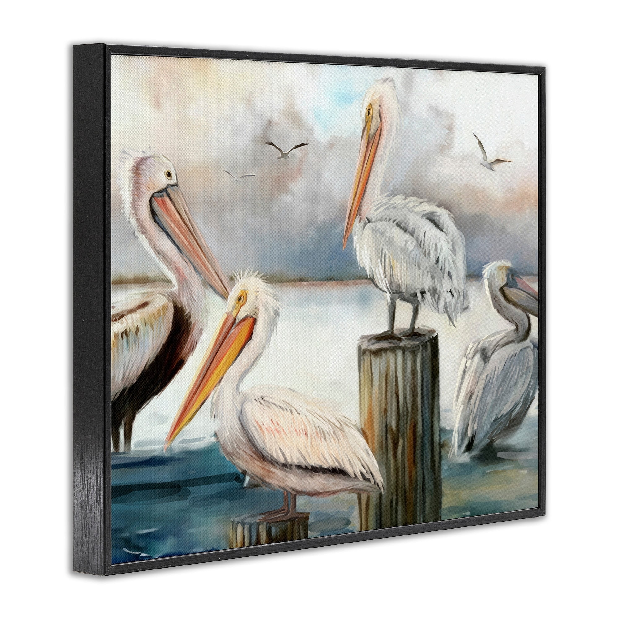 Stupell Industries Pelicans Perched Cloudy Horizon Coastal Painting Black Framed Art Print Wall Art