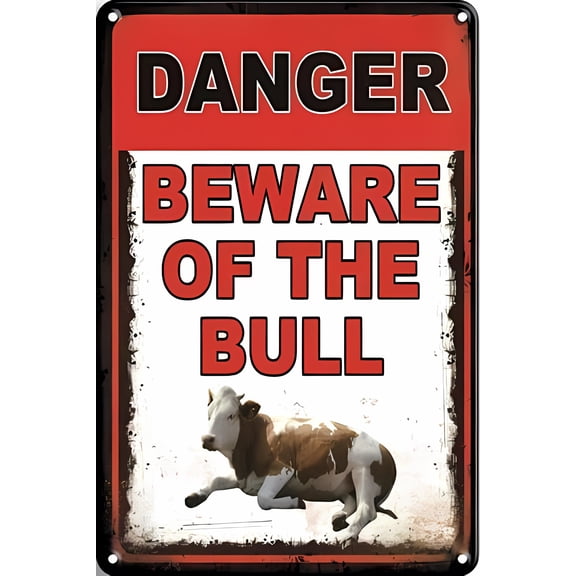 Danger Beware of The Bull Sign - 8"x12" Metal Tin Wall Plaque, Farm Themed Gift Decor for Bar Kitchen Home Man Cave Bedroom Lounge Dining Room Coffee Bar Indoor